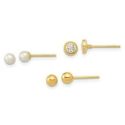 14K Yellow Gold Polished Set of Ball Post Pearl & CZ Bezel Earrings Set - Pack of 3