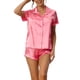 thumbnail image 1 of Conjunto de pijama de satén para mujer INSPIRE CHIC, camisa de botón de manga corta con pantalones cortos, 2 piezas, ropa de descanso, pijama, M, rosa claro, 1 of 6