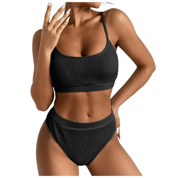 Womens Swimsuits Pimelu Bathing Suit for Women Bikini Set Two Pieces Swimsuit for Women Summer Ladies Beach High Waist Bikini Sets Girls Solid Spaghetti Strap Swimwear with Briefs