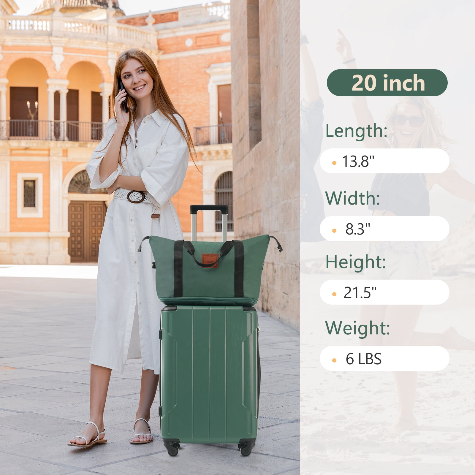 EUROCO Luggage Sets 3 Piece Carry-on Suitcases with Spinner Wheels and TSA Lock,Hardside 20" Family Travel Suitcase Set for Men Women,Green