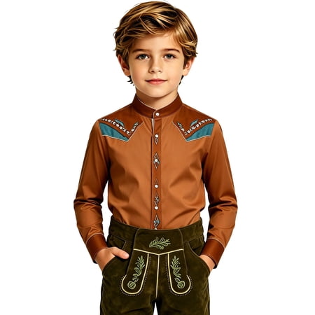 Kiijoy Boys Cowboy Long Sleeve Button Down Shirt Western Oktoberfest Shirt Brown 7-8 Years