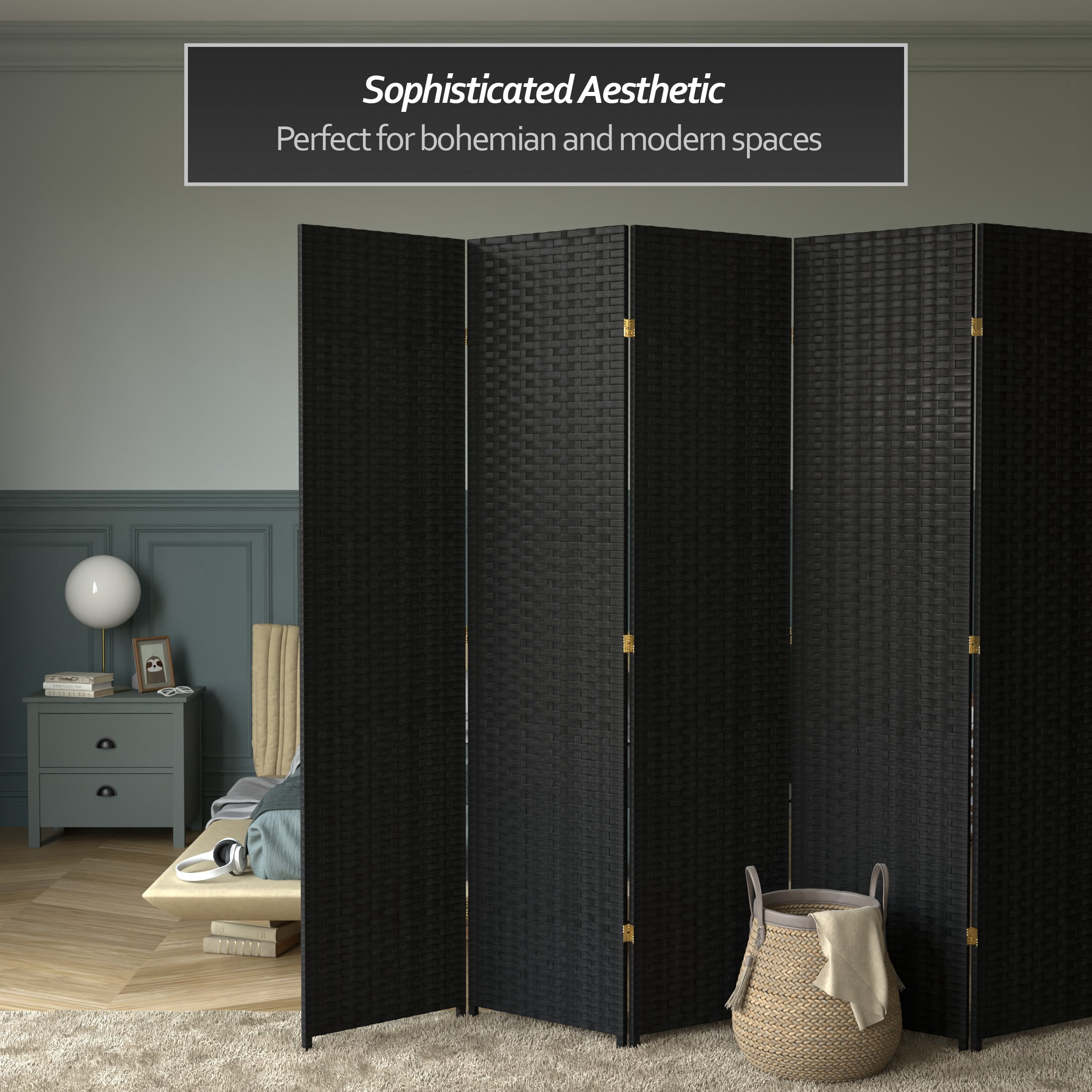 Red Lantern 7 ft. Tall Woven Fiber Folding Screen - Black - 6 Panel