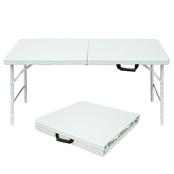 HooKung 4 FT Folding Table with Carry Handle, Portable Fold-in-Half Plastic Table, Rectangle Foldable Table for Indoor/Outdoor White