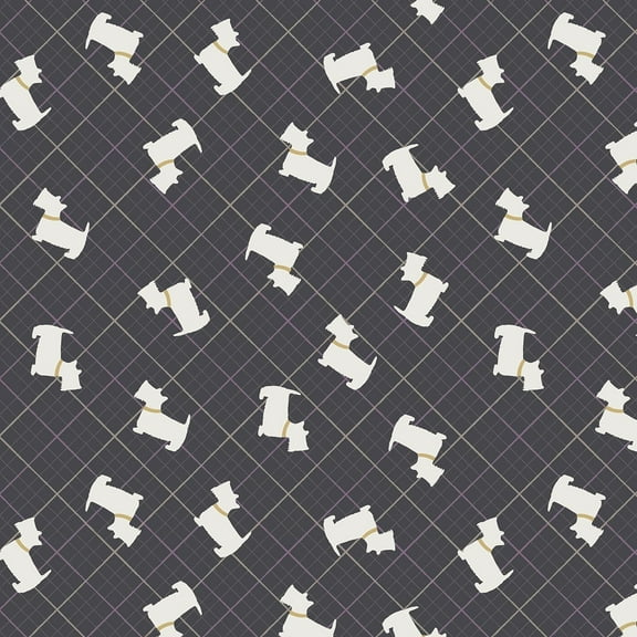 Lewis & Irene Celtic Reflection Scotty Check Grey with Gold Metallic Collar 100% Cotton Fabric sold by the yard