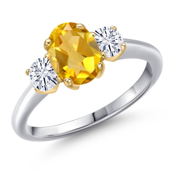 Gem Stone King 925 Silver and 10K Yellow Gold Yellow Citrine and White Moissanite Engagement Ring for Women | 1.76 Cttw | Oval 8X6MM | Gemstone November Birthstone | Size 7
