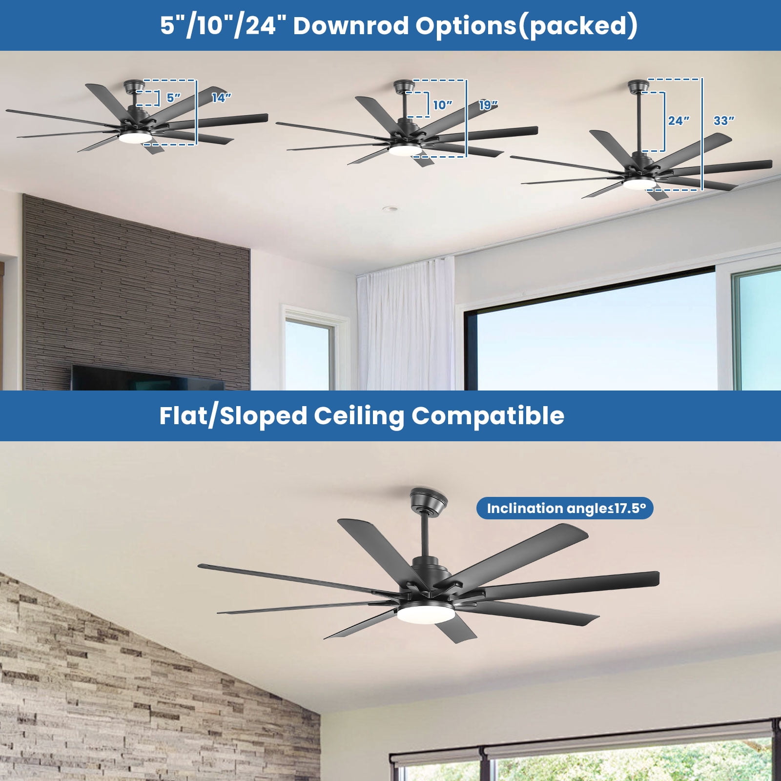 Sofucor 66" Modern Black Ceiling Fan with LED Light, Phone App, Remote, and Voice Control
