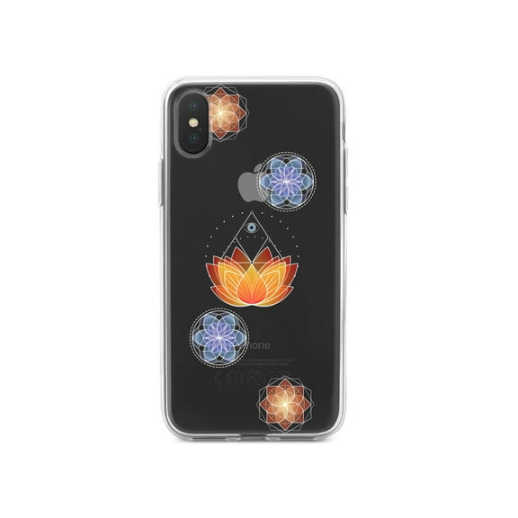 DistinctInk Clear Shockproof Hybrid Case for iPhone XR (6.1" Screen) - TPU Bumper, Acrylic Back, Tempered Glass Screen Protector - Lotus Flower and Mandalas
