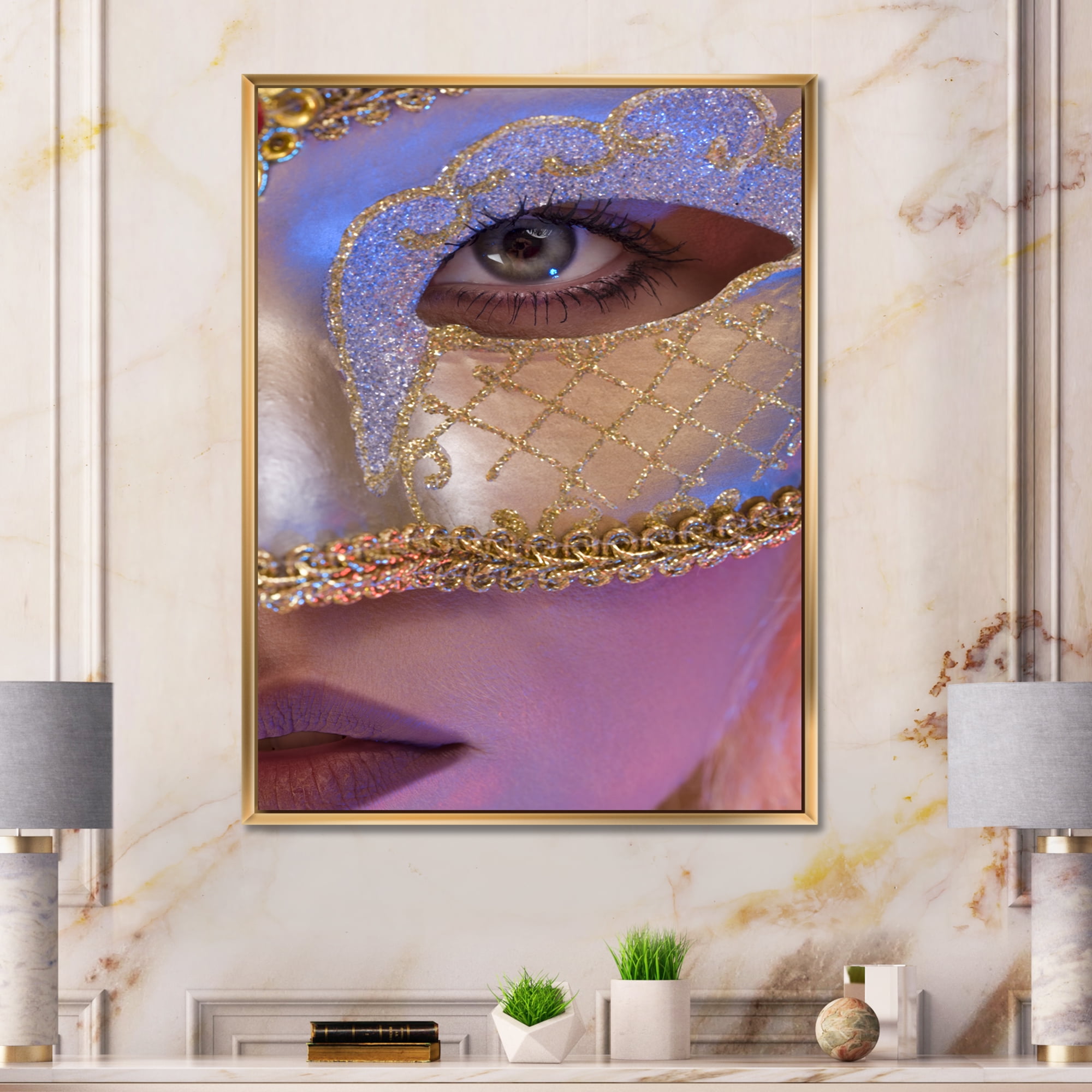 Venetian Mask On Female Face 12 in x 20 in Framed Painting Canvas Art Print, by Designart
