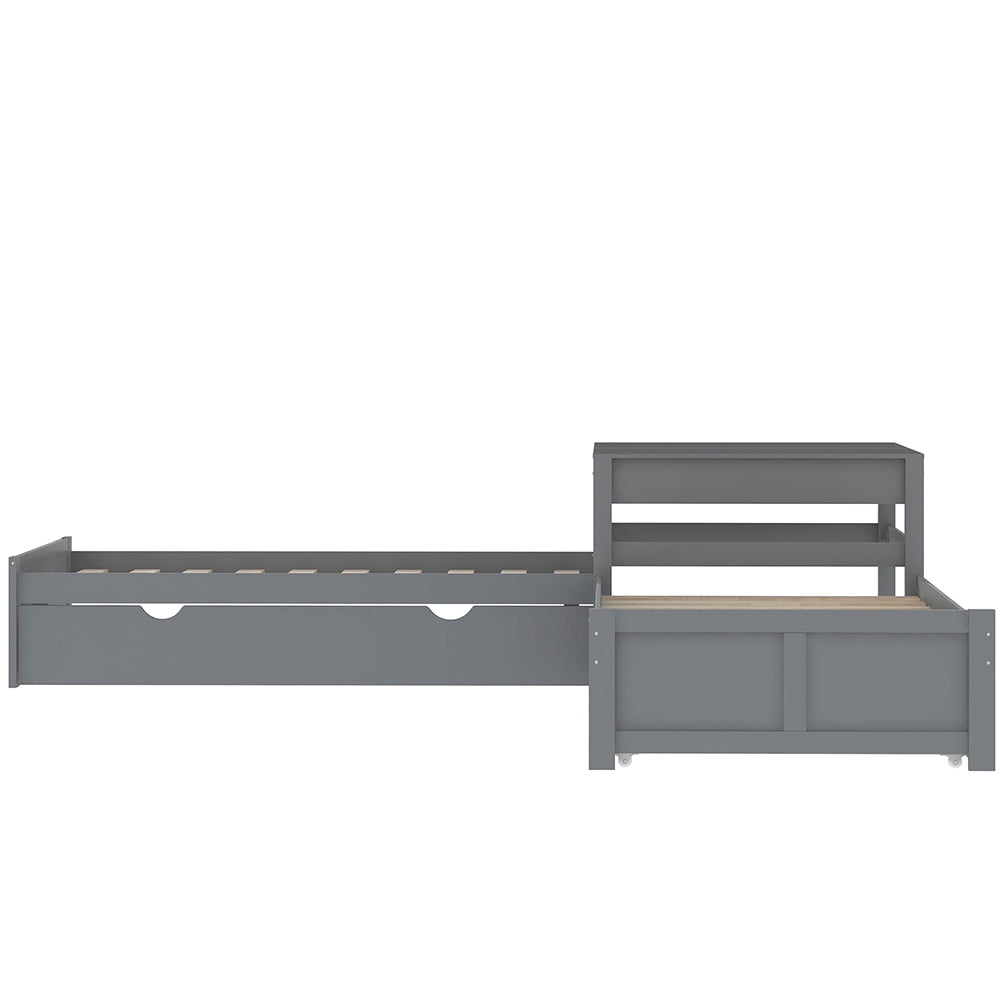 Kadyn L-shaped Platform Bed with Two Trundles and Built-in Square Table,Gray Kadyn L-shaped Platform Bed with Two Trundles and Built-in Square Table,Gray