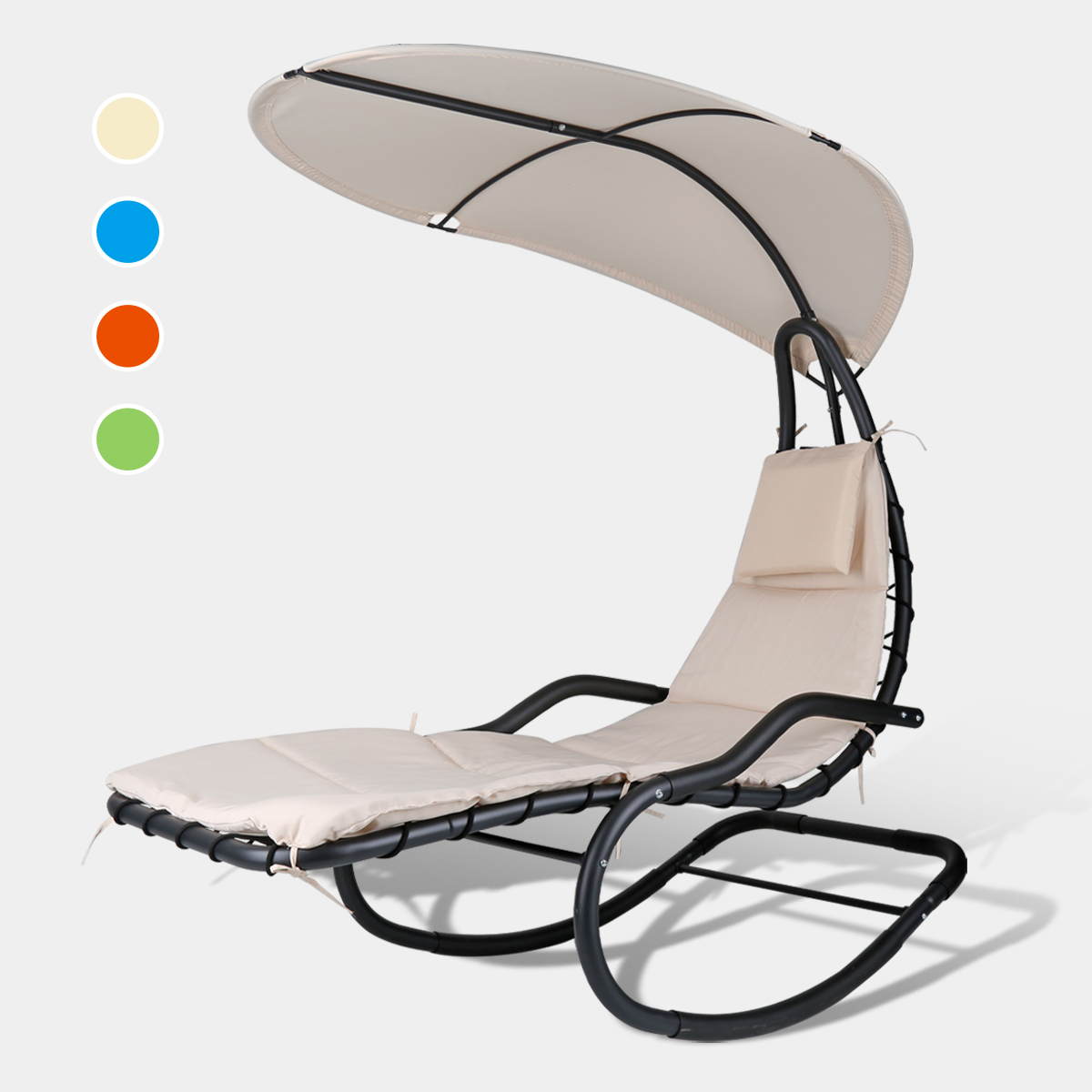 Rocking Hanging Lounge Chair - Curved Chaise Rocking Lounge Chair Swing For Backyard Patio w/ Built-in Pillow Removable Canopy with stand {Beige} - image 3 of 8