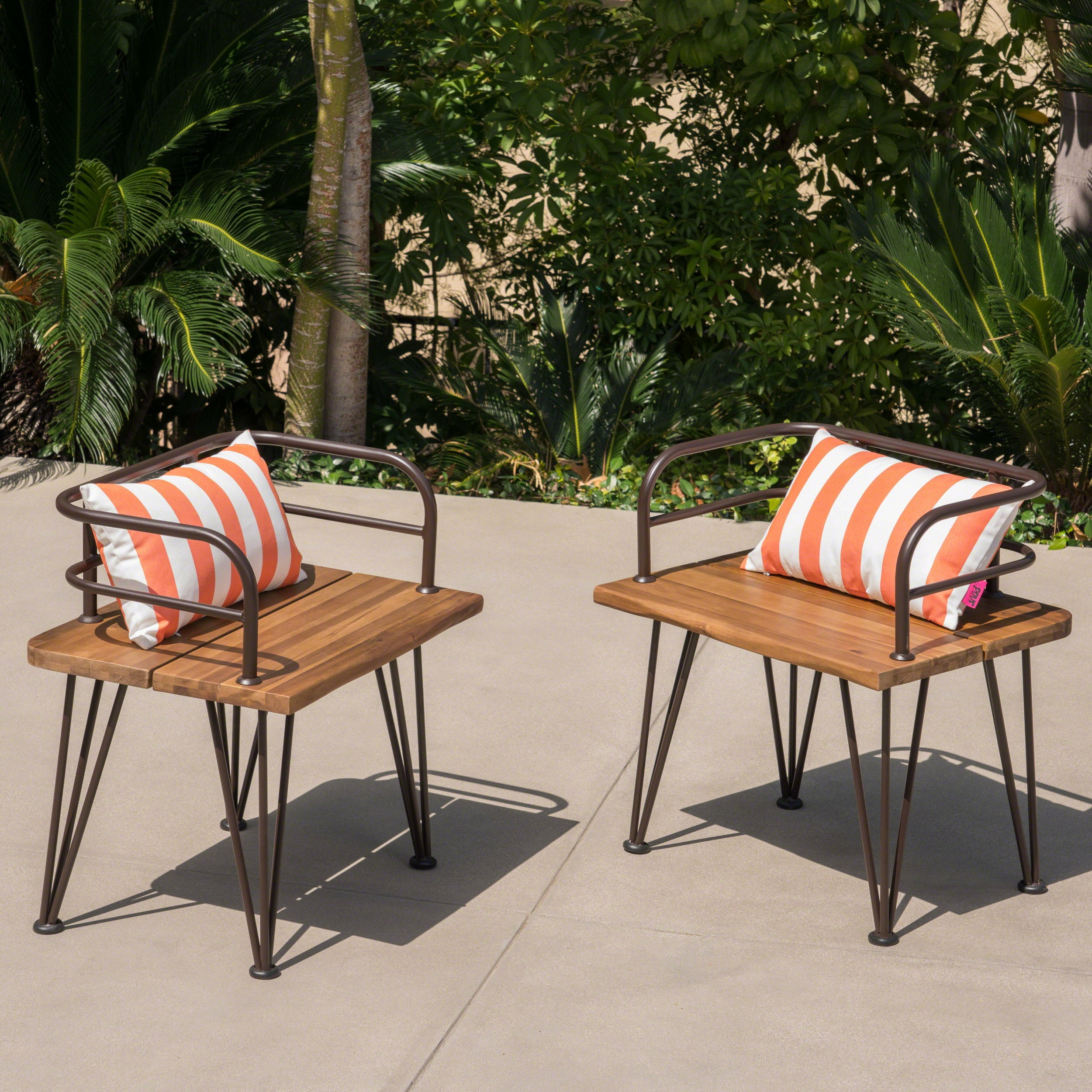 Euroco Set of 2 Rustic Industrial Outdoor Chairs with Acacia Wood Seat and Iron Frame, Teak Finish