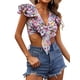 thumbnail image 3 of VISgogo Blusa de manga corta con volantes para mujer, blusas cortas estilo festivo con nudo de corbata frontal estampado floral, blusas simples informales VISgogo  moda, 3 of 7