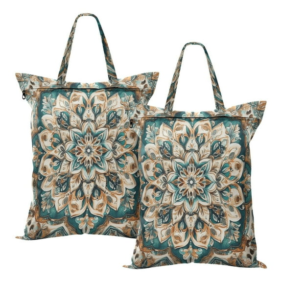 Wobogo Greenish Brown Boho Pattern Travel Laundry Bag Dirty Clothes Organizer Top Handle Strap Design Suitable for Beach Camping Dormitory Bathrooms