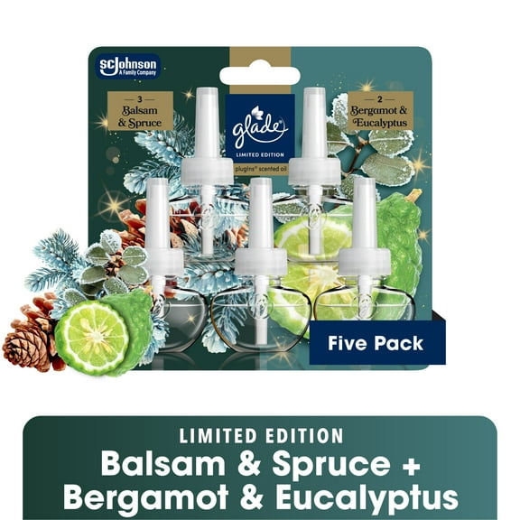 Glade® PlugIns® Refills Air Freshener, Christmas Balsam & Spruce and Bergamot & Eucalyptus , 3.35oz.,5 Count