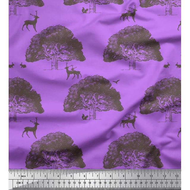 Soimoi Rayon Fabric Tree,Rabbit & Reindeer Animal Print Fabric by Yard 42 Inch Wide
