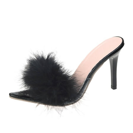

High Heels Women Fashion Plush Decorated Pvc Pointed Thin Heel Sandals And Slippers High Heels for Women Pvc 41