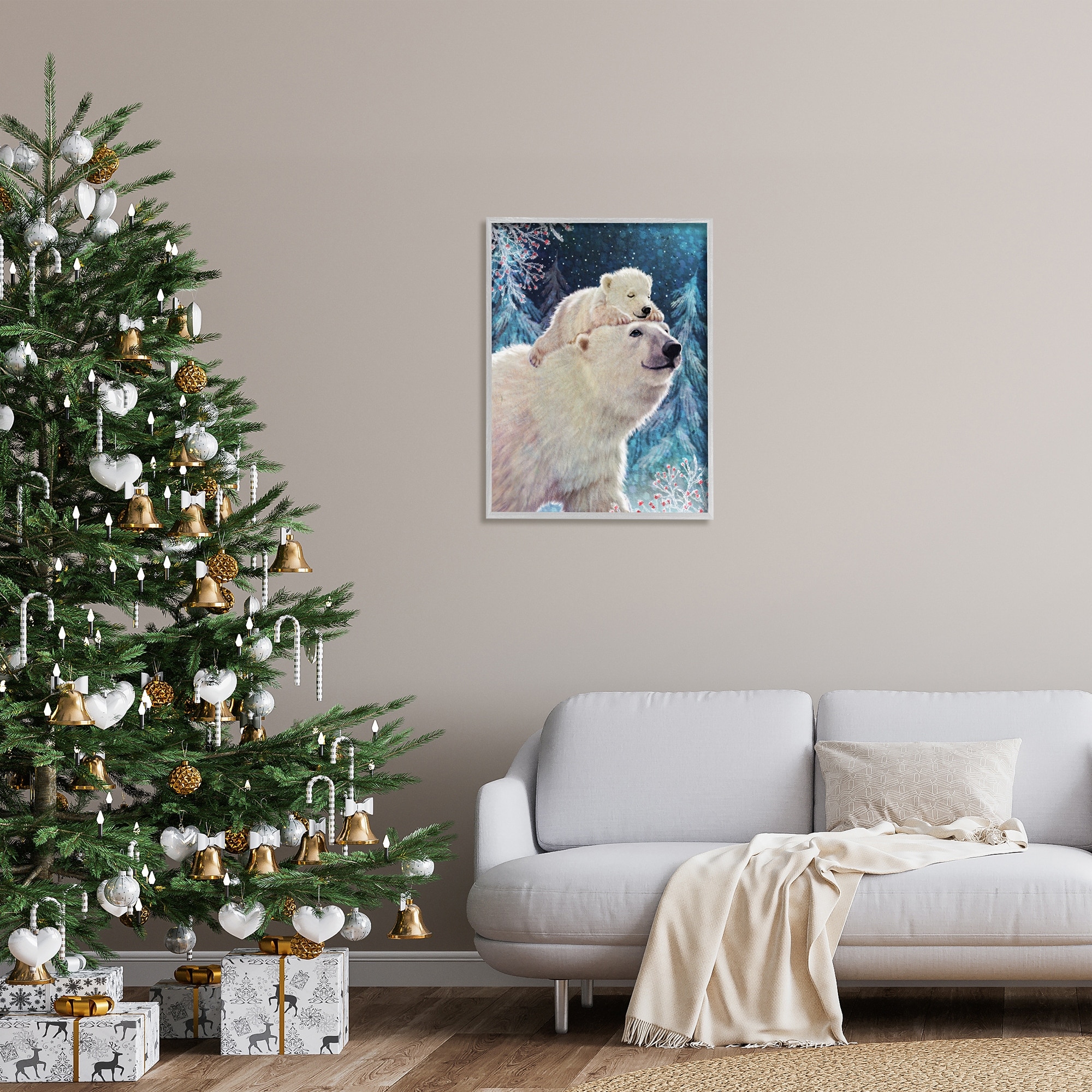 Stupell Industries Polar Bear & Cub Winter Scene Holiday Painting Gray Framed Art Print Wall Art