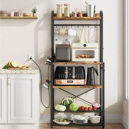 

Bakers Rack Coffee bar with Power Outlet Narrow Microwave Stand with Metal Wire Panel Kitchen Storage Rack with 8 Hooks Buffet Table with Hutch Easy to Assemble