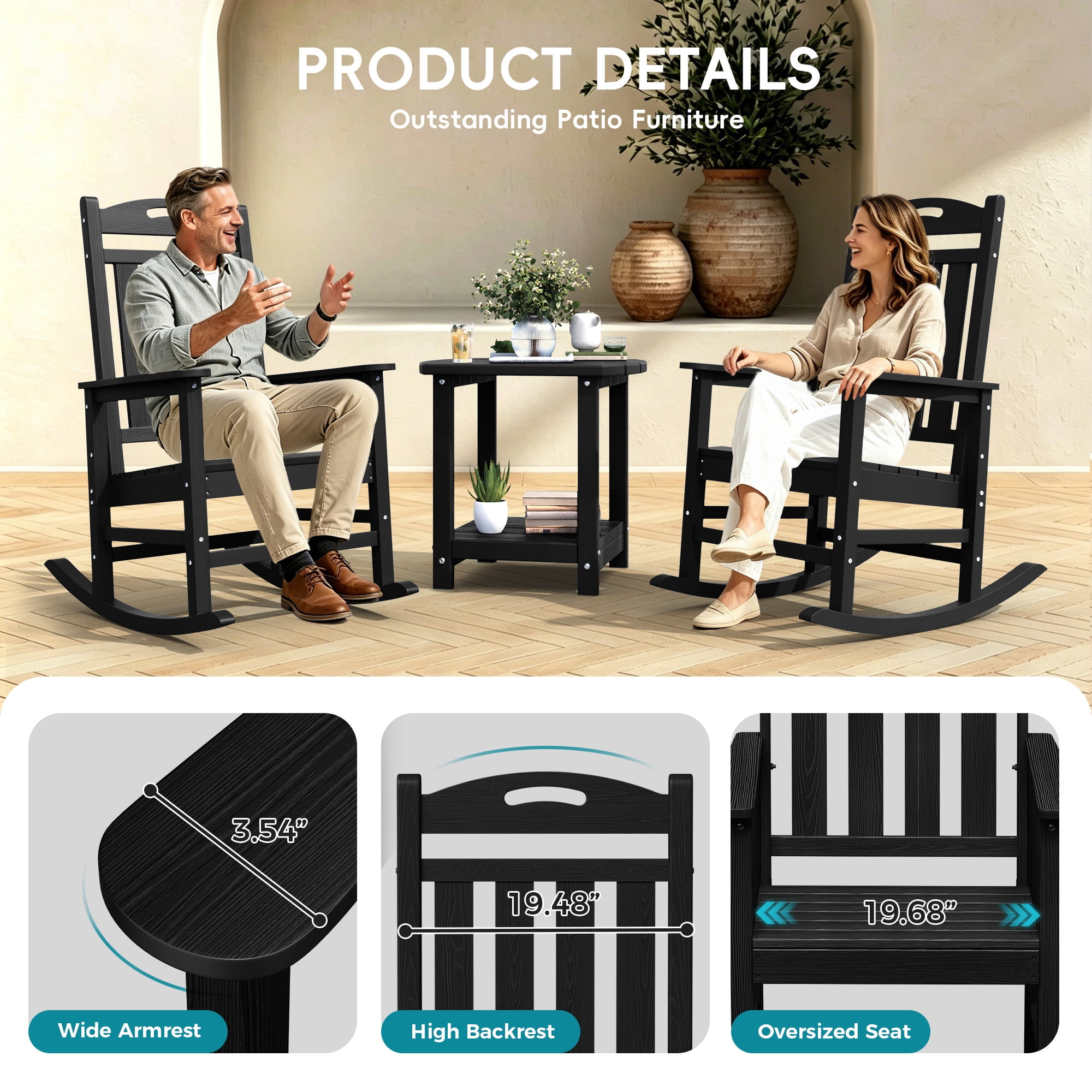 SUUNYN Set of 2 Outdoor Rocking Chairs, HDPE All-Weather Patio Rockers with High Back, 380lbs Heavy Duty, Black