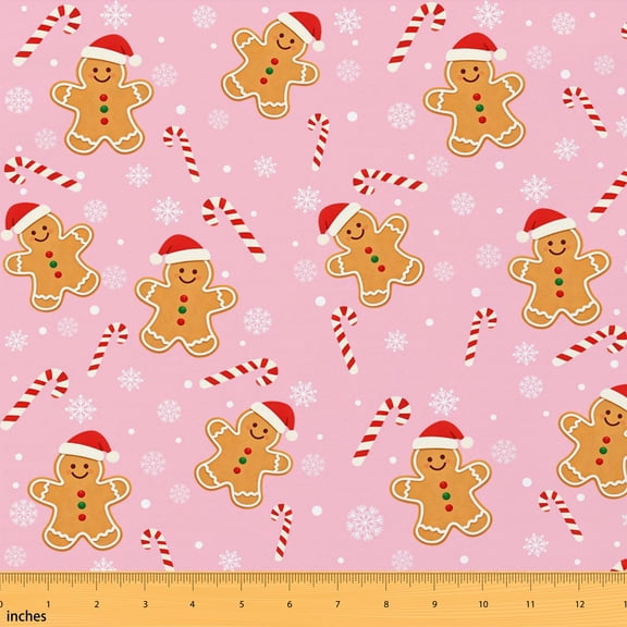 Manfei Merry Xmas Fabric by the Yard 1 Yard, Kawaii Gingerbread Home Decor Fabric by the Yard, Baby Pink