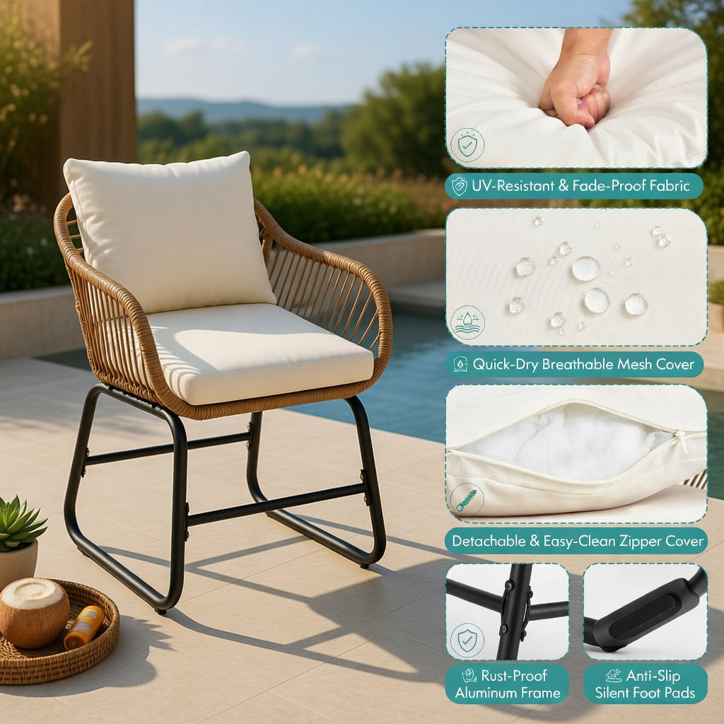 Hommoo 3-Piece Outdoor Bistro Set, PE Rattan Chairs with Square Tempered Glass Coffee Table, Includes Cushions & Lumbar Pillows for Patio, Balcony & Garden, White