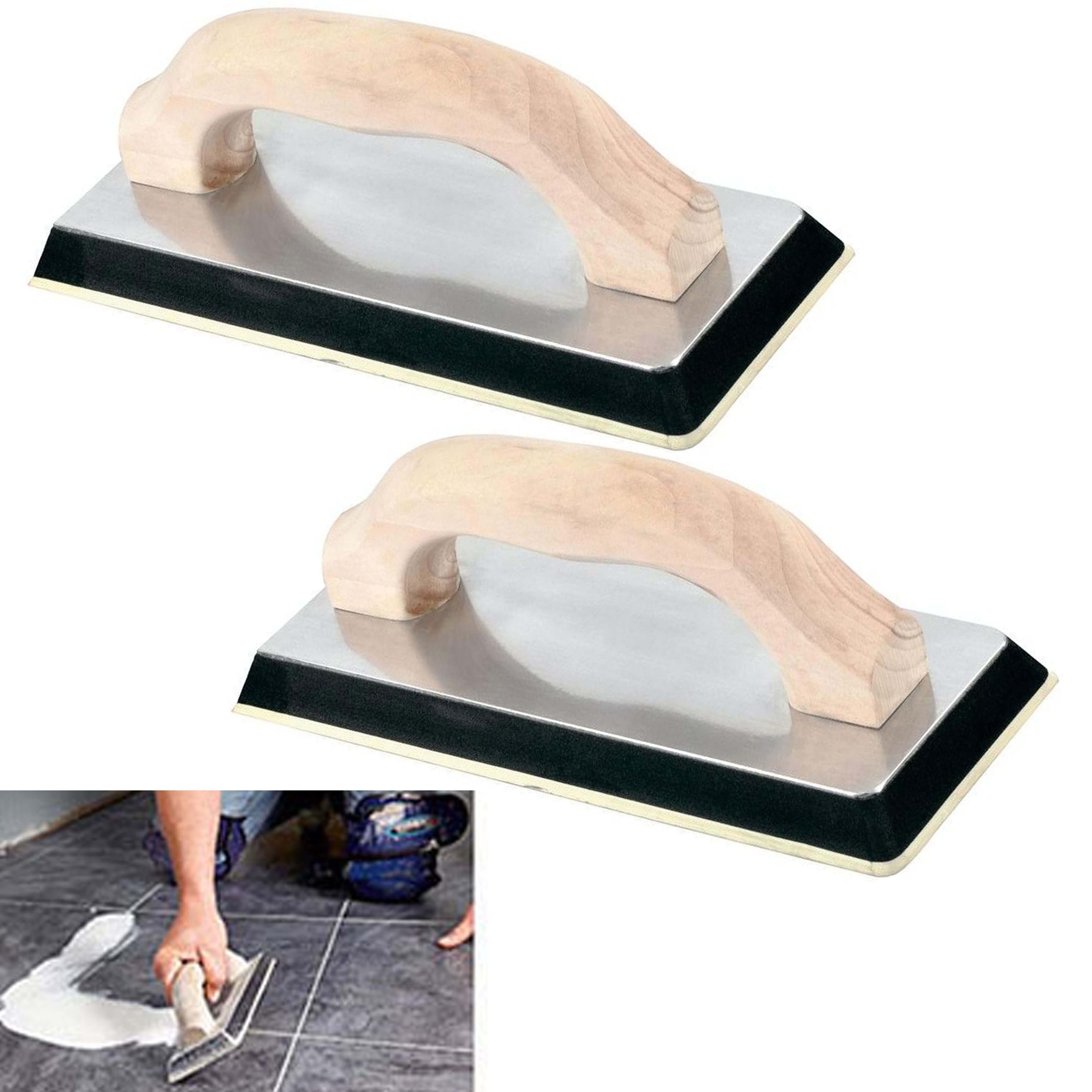 2 Large Gum Rubber Grout Float Tile Wood Handle Squeegee Plasterer
