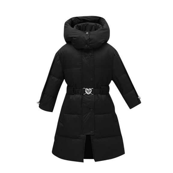 Fesfesfes Girls Winter Warm and Thick Hooded Puffer Jacket Solid Color Mid Length Coat with Detachable Hood Belted Waist Outwear for Casual Outerwear(Black,12 Years)