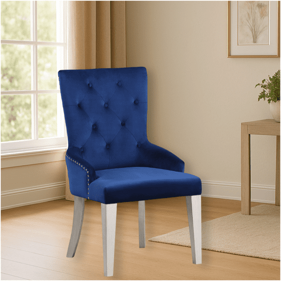 COSMOS Blue Velvet Dining Chair with Button Tufted Back and Nailhead Trim for Luxury Dining Room