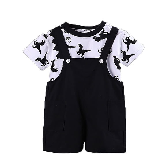Hiijoy Toddler Boys Outfits Dinosaur Print T-Shirt Denim Overall Shorts Set, Sizes 3-4T