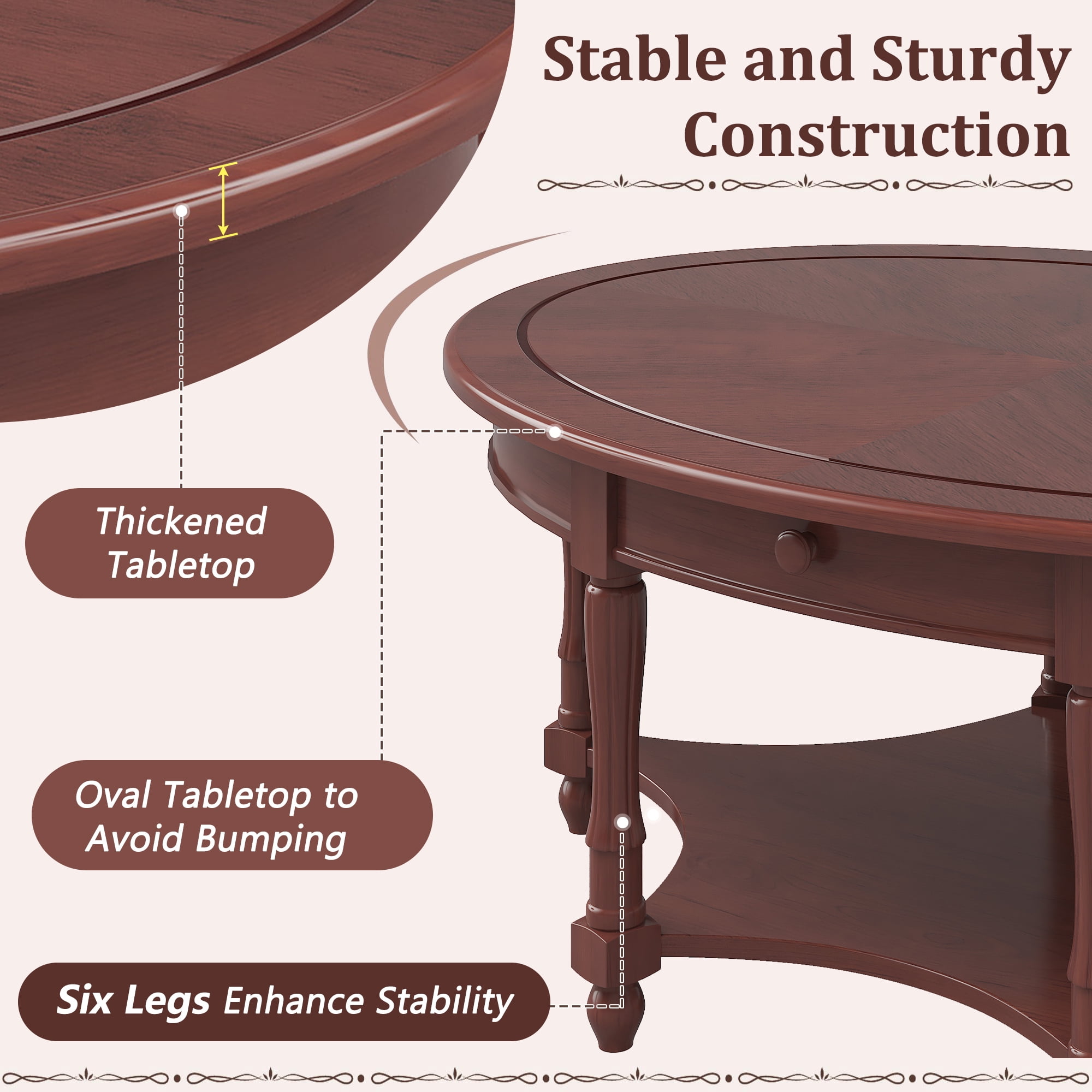 GARITIN Oval Coffee Table 45 Inch, Vintage Cocktail Table with Drawer and Storage Shelf for Living Room, Cherry