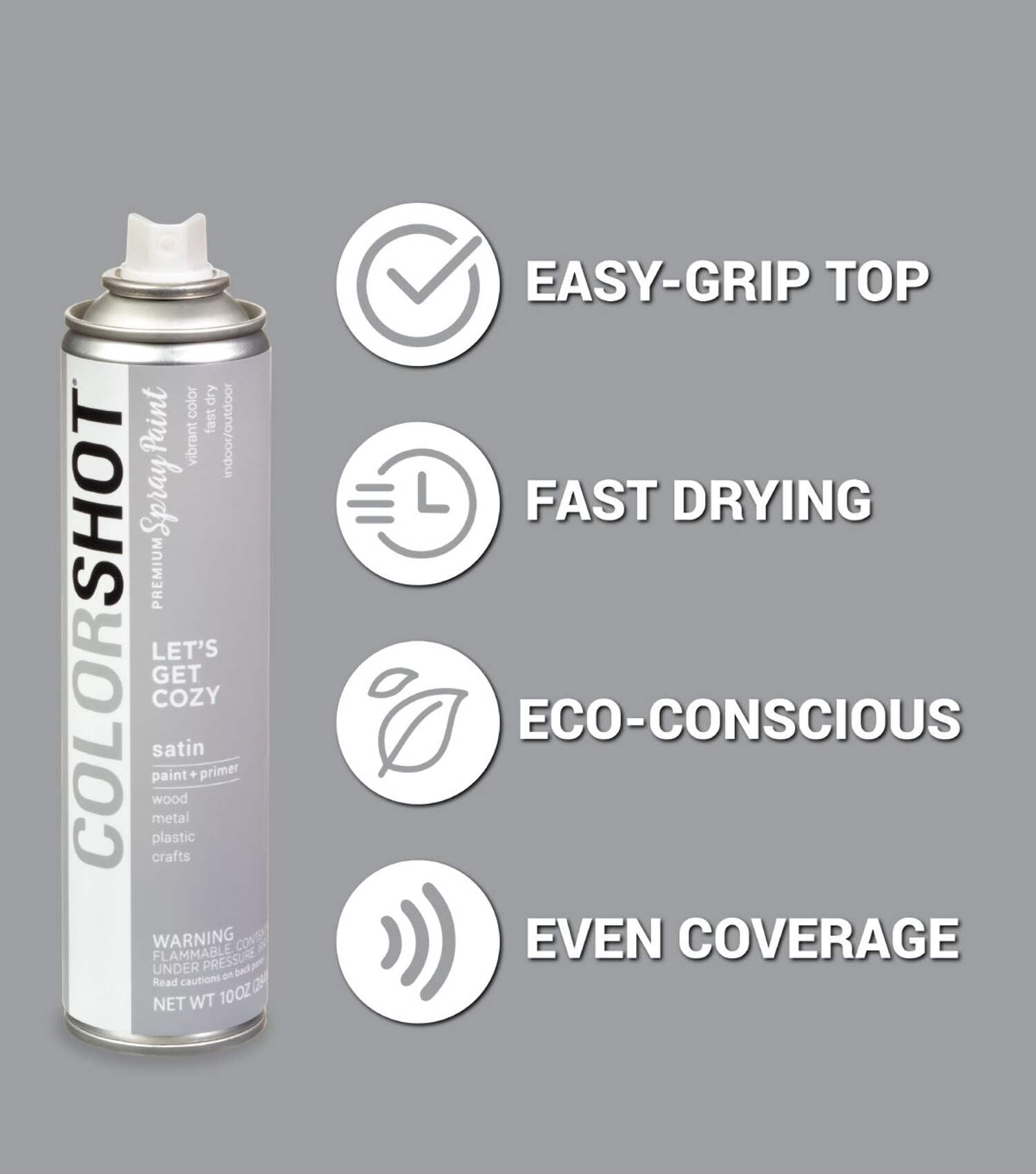 COLORSHOT Satin Spray Paint, Let's Get Cozy (Light Gray) 10 oz. 4 Pack, Fast-Drying Acrylic Paint, Indoor & Outdoor Use