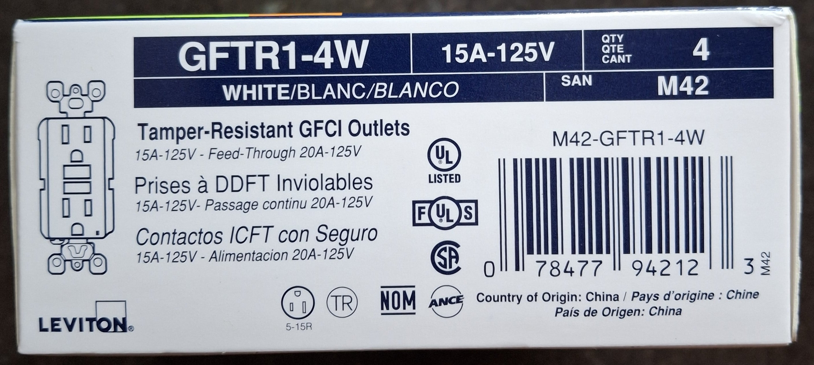 Leviton 15 Amp 125-Volt Duplex Self-Test Slim GFCI Outlet, White (4-Pack) - New