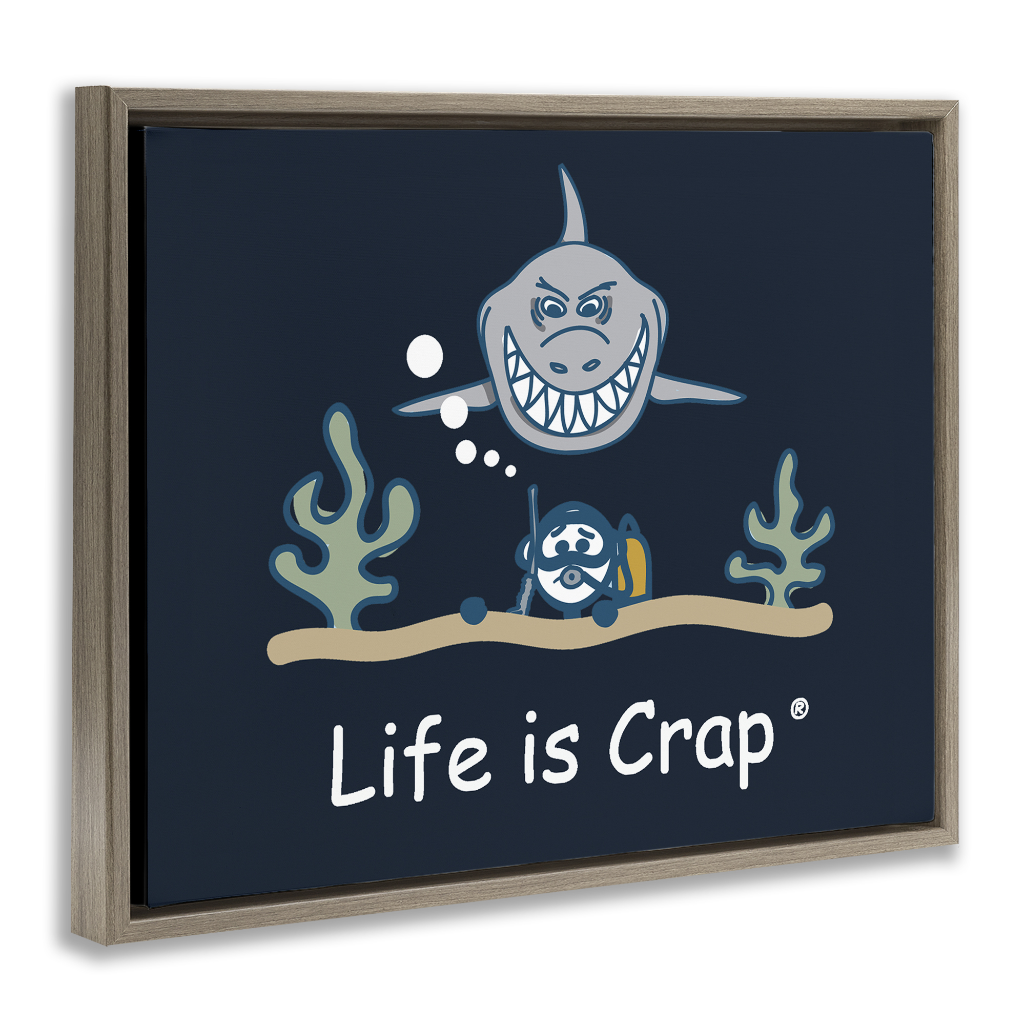 Stupell Industries Scary Scuba Shark Novelty & Humor Painting Brown Floater Framed Canvas Art Print Wall Art, 21 x 17