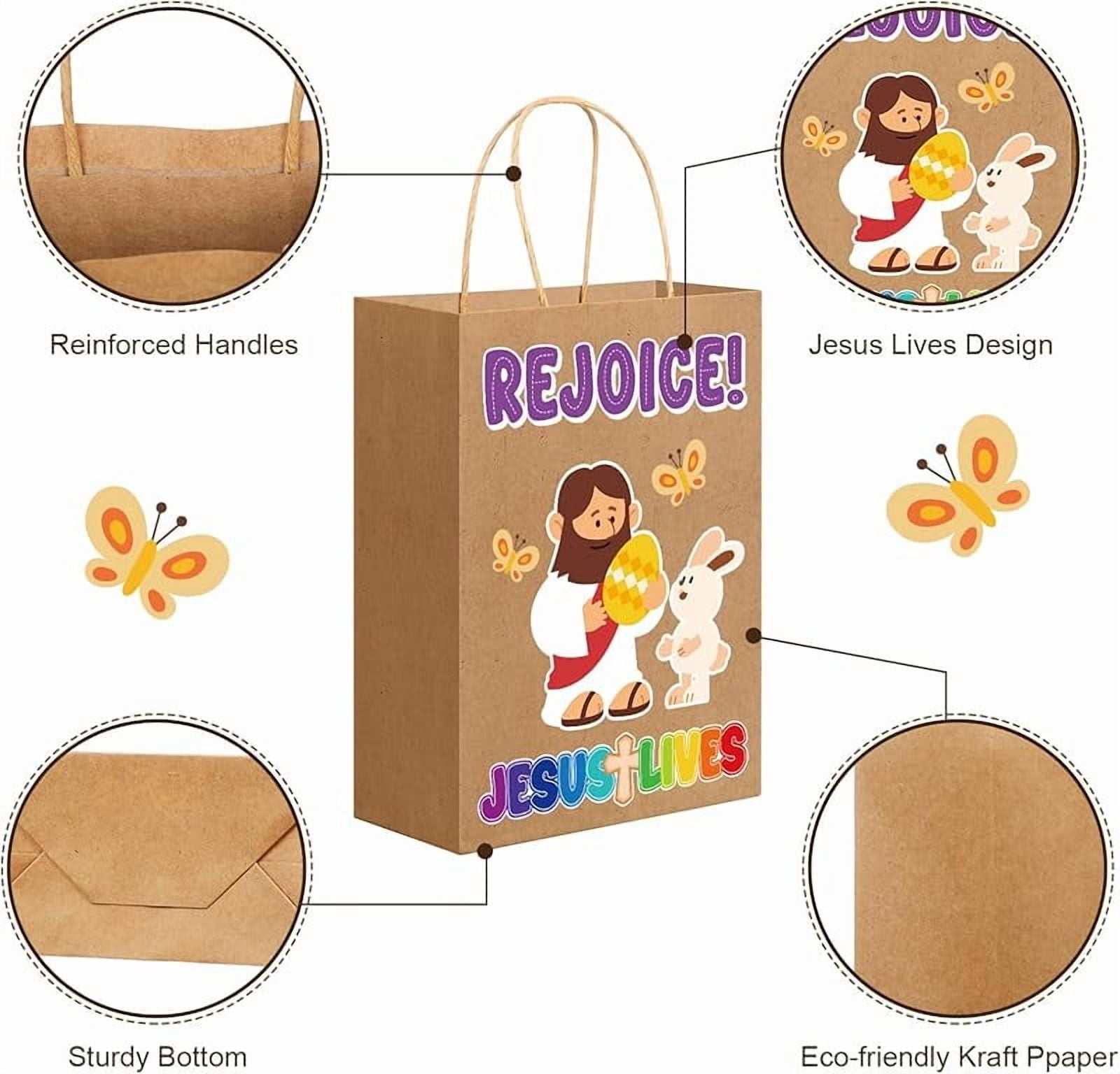 20 Pcs Easter Religious Gift Bags Bulk Christian Kraft Paper Rejoice Goody Bags with Handles Eggs Hunt Easter Theme Bible Sunday School Party Favor