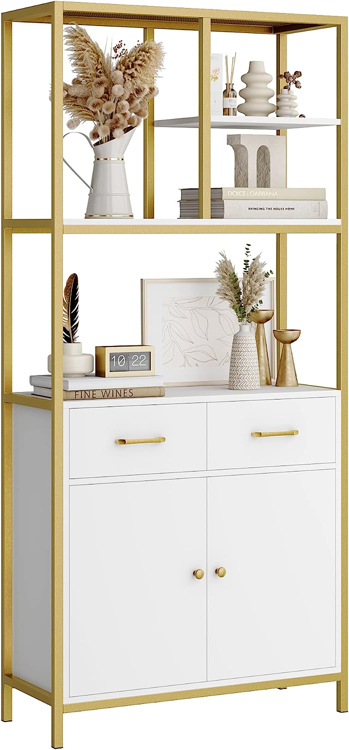 71" Tall Bookshelf, Modern White and Gold Bookcase, Book Shelves with