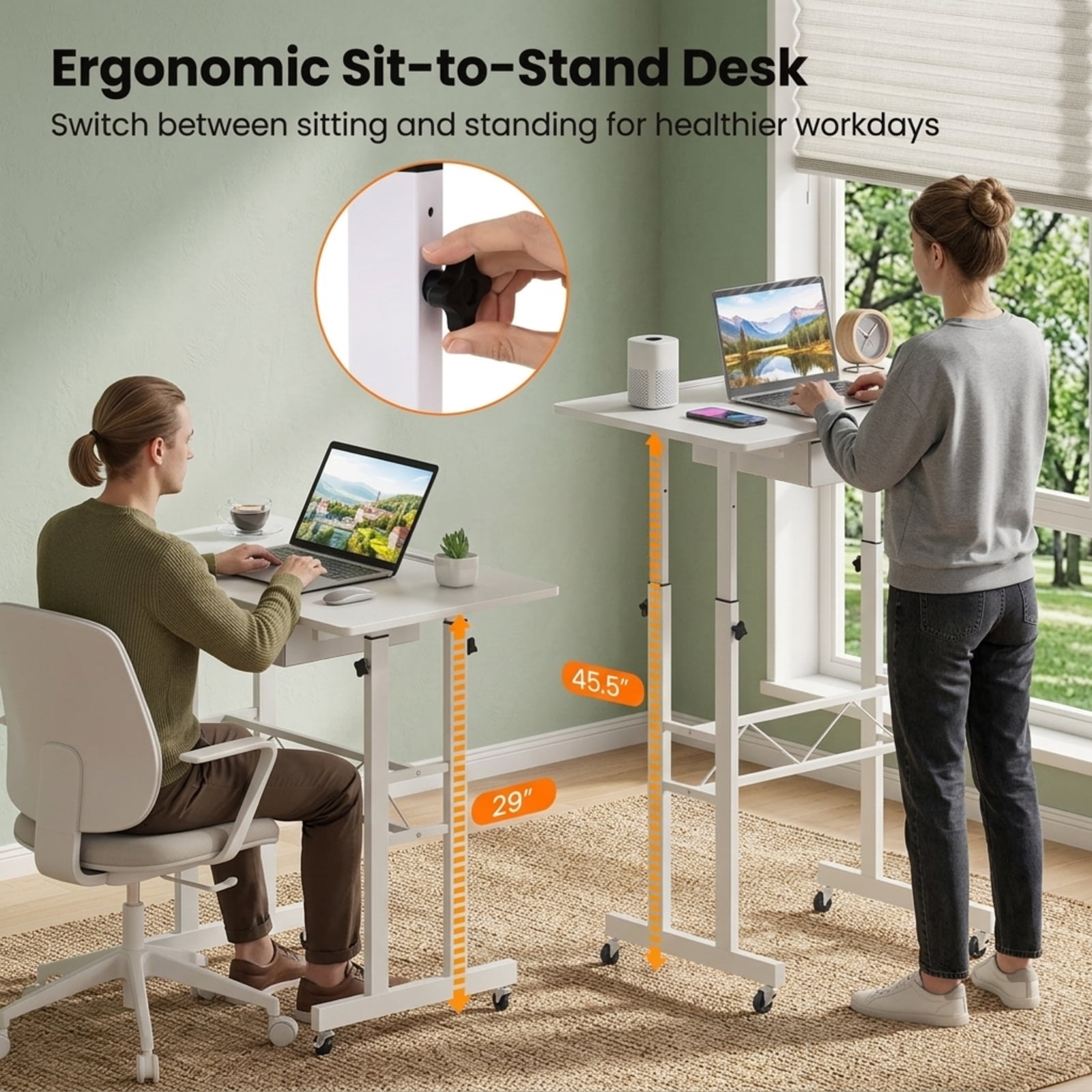 Furnibear Height Adjustable Standing Laptop Desk with Fabric Drawer Tablet Holder Lockable Wheels and Sit Stand Design for Home Office, White