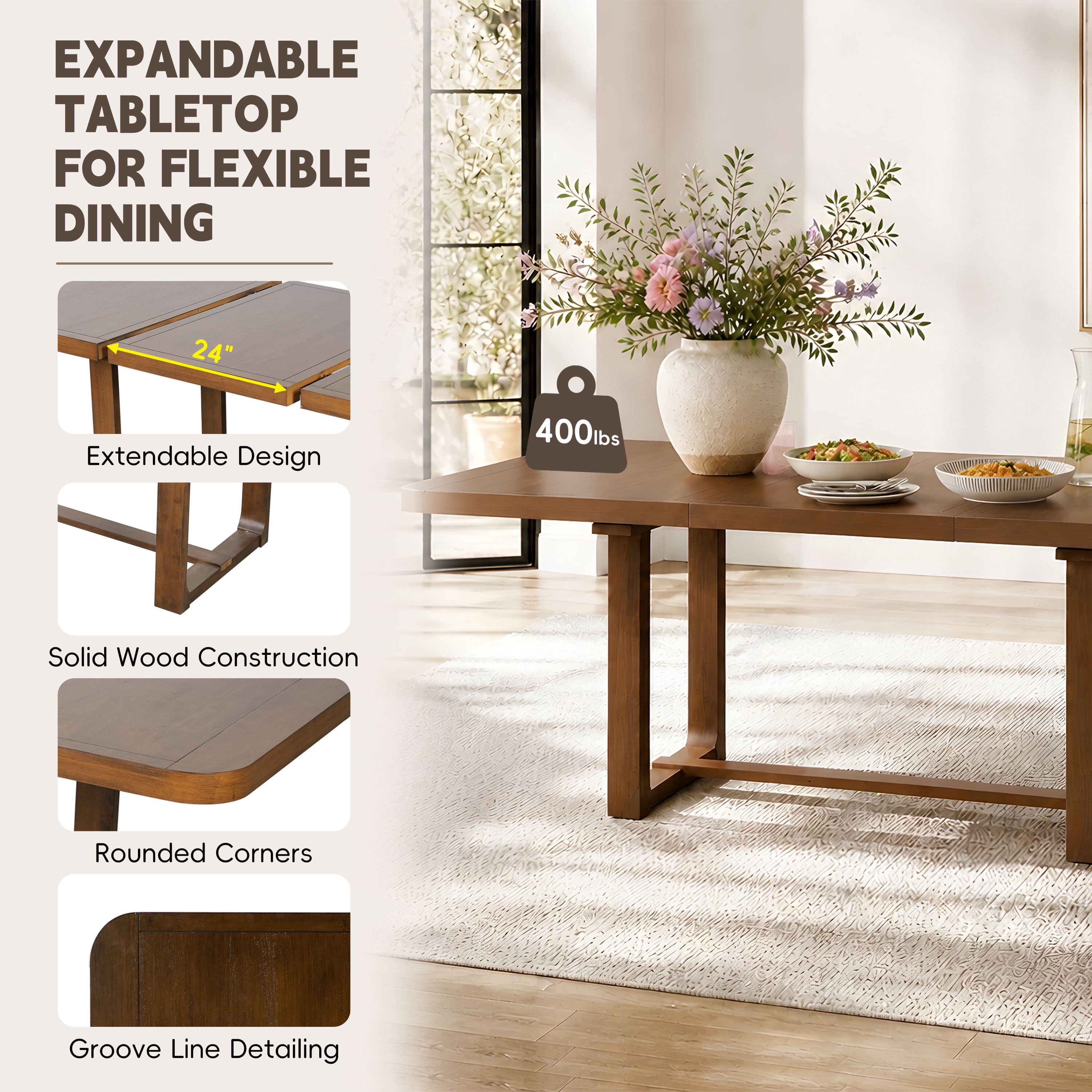 Euroco 6 Pieces Farmhouse Dining Table Set,Solid Wood Extendable Dining Table with 4 Chairs & Bench for Kitchen Dining Room, Brown+Beige