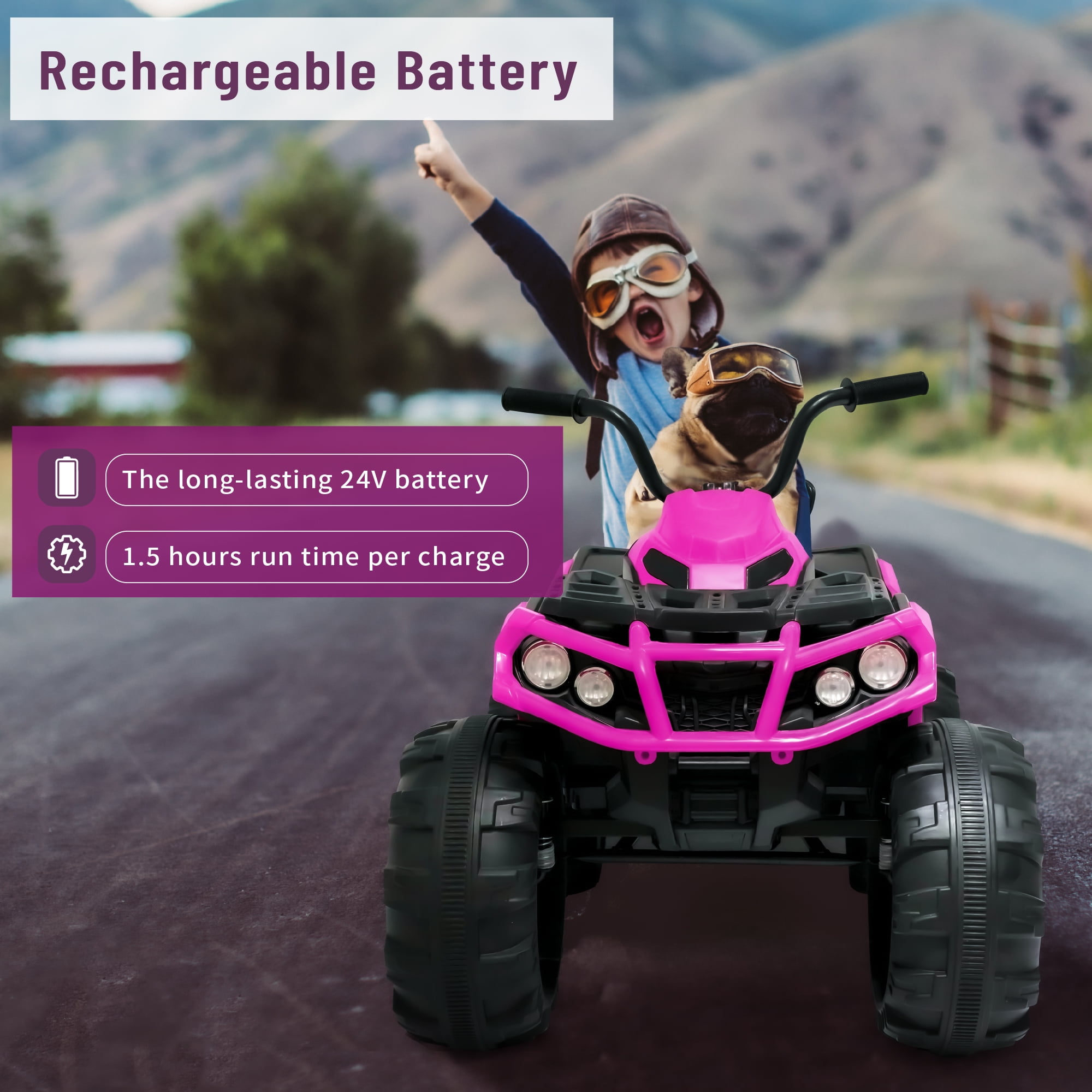 BKIRNP Pink 24V Kids Ride-On ATV Off-Road Quad Car 5mph Electric Car with 2 Speeds and Bluetooth Music
