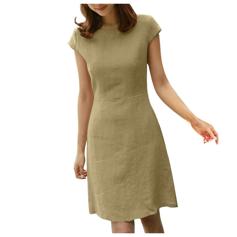 Breaise Cotton Linen Summer Mini Dresses for Women Plus Size Crew Neck  Short Sleeve Solid Dresses Back V Hollow Out Casual Dresses Elegant Party  Dresses Khaki XXXL - Walmart.com