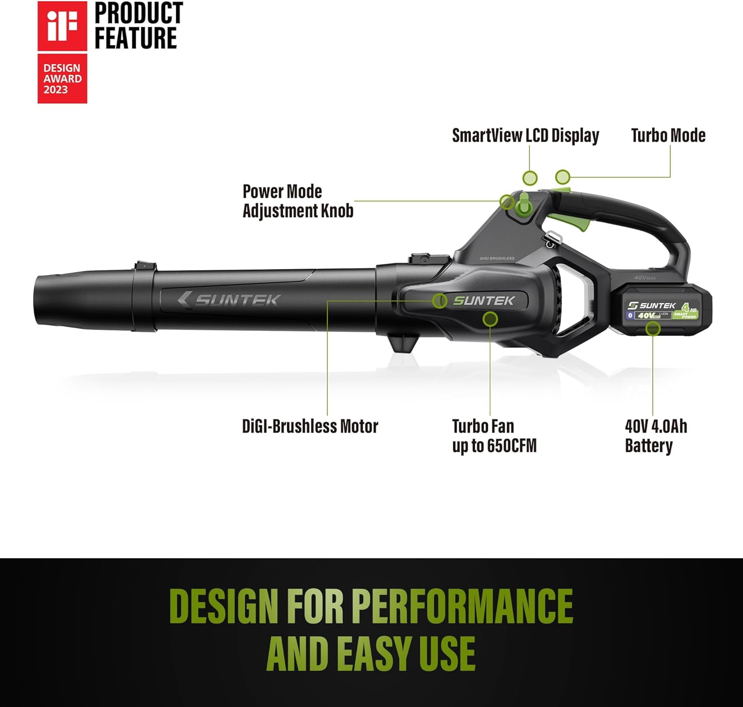 SUNTEK 40V 650CFM Cordless Leaf Blower with 4.0Ah Battery and Rapid Charger, IOT and APP Connection
