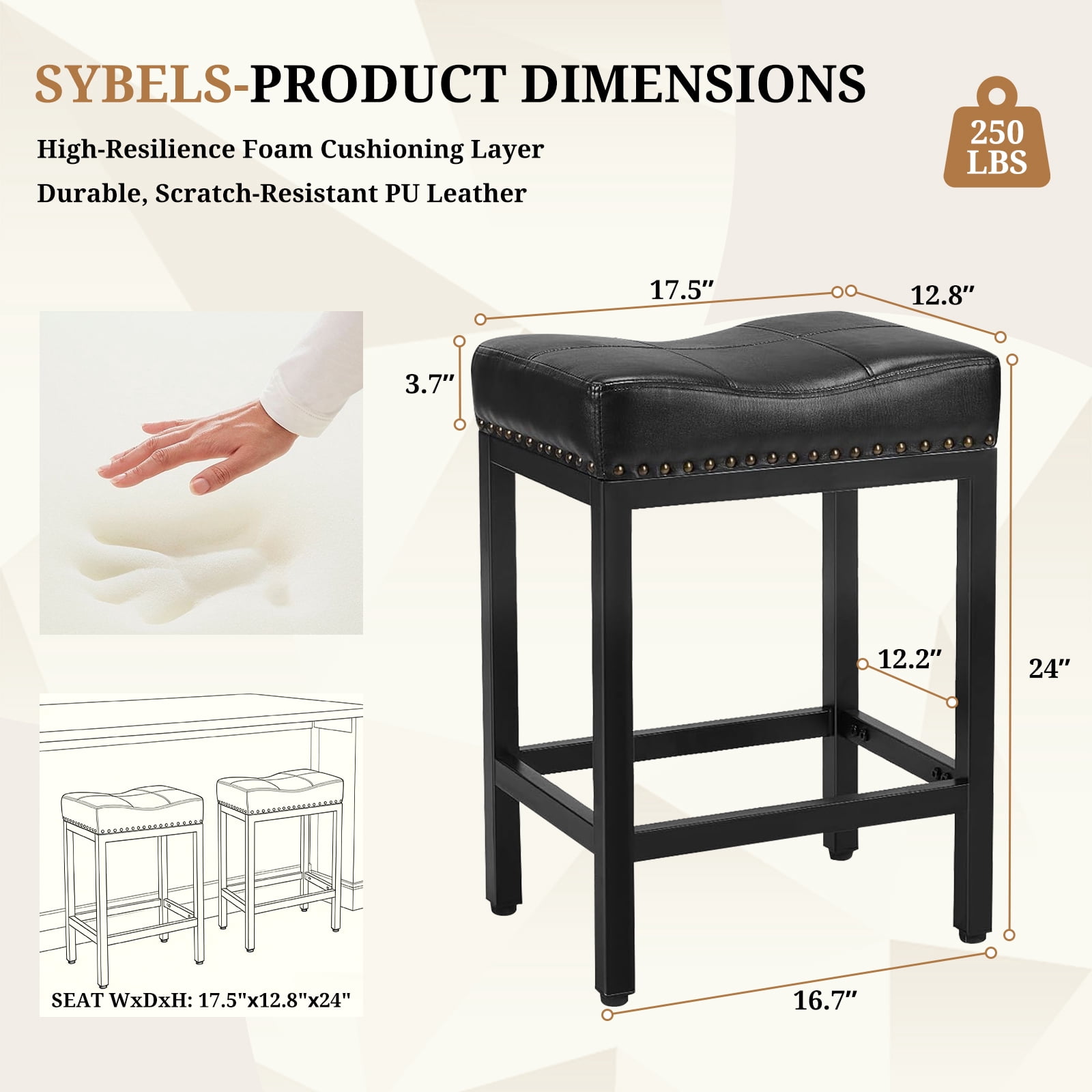 Sybels 24" Saddle Bar Stools (Set of 2) - PU Leather Counter Stools with Footrest for Kitchen Island, Cafe，Black