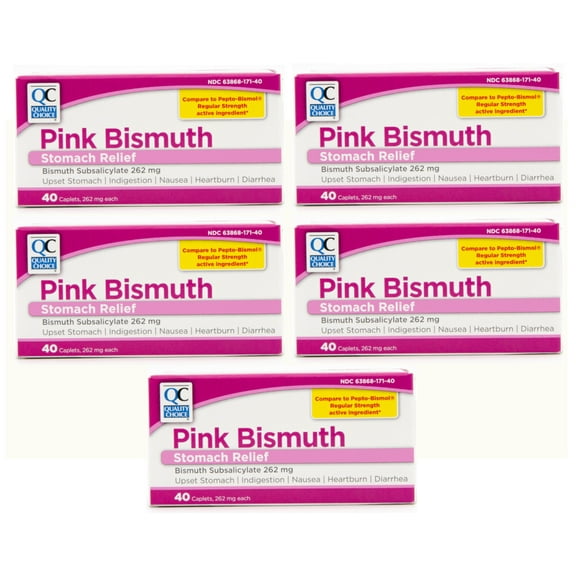 5 Pack Quality Choice Pink Bismuth Caplets 40 Count Each