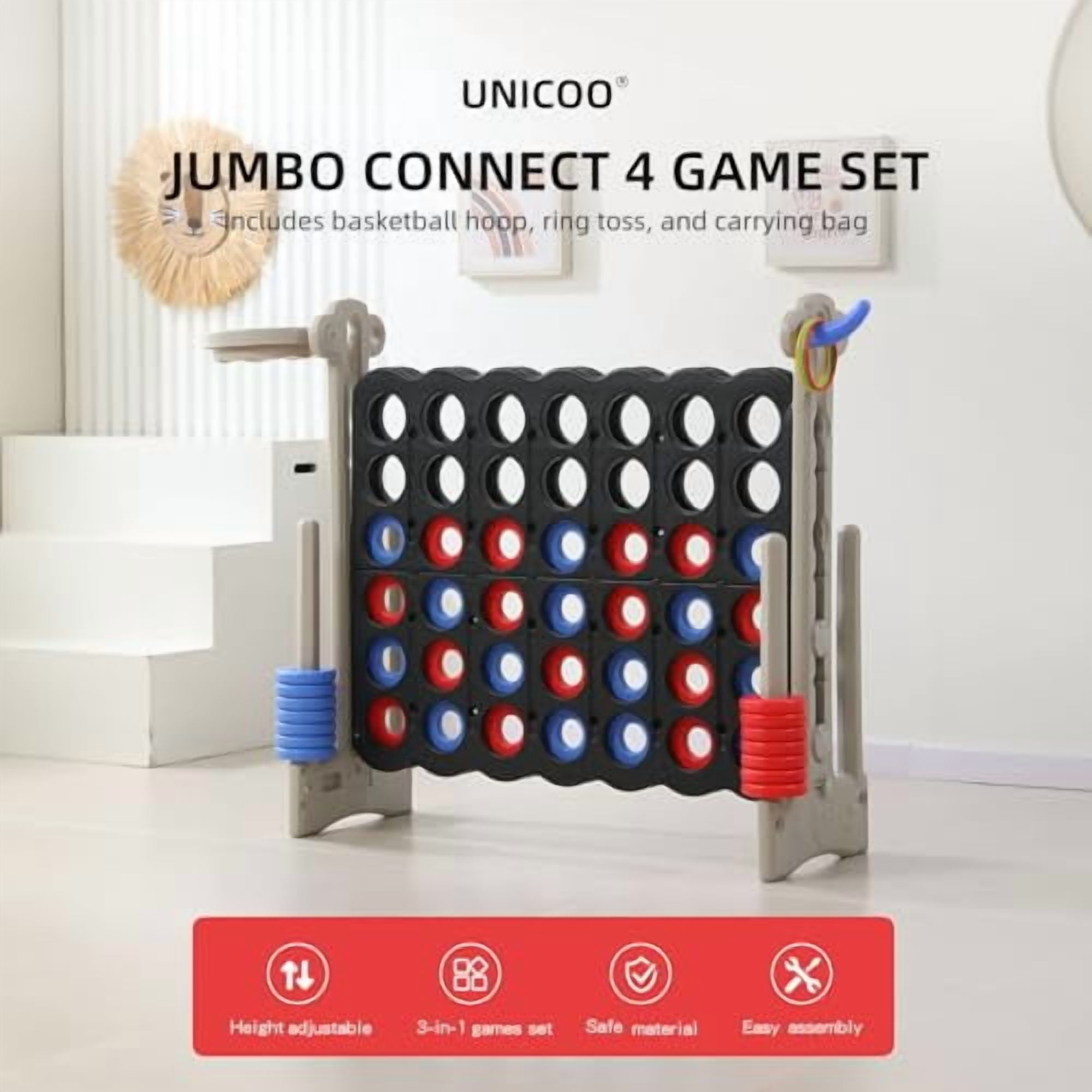 UNICOO® Height Adjustable Connect 4 Game Stand, 4 in A Row Game with Basketball Hoop, Ring Toss, Carrying Bag, Indoor Outdoor Yard Game, Parties & Family Gatherings (Black & Gray)