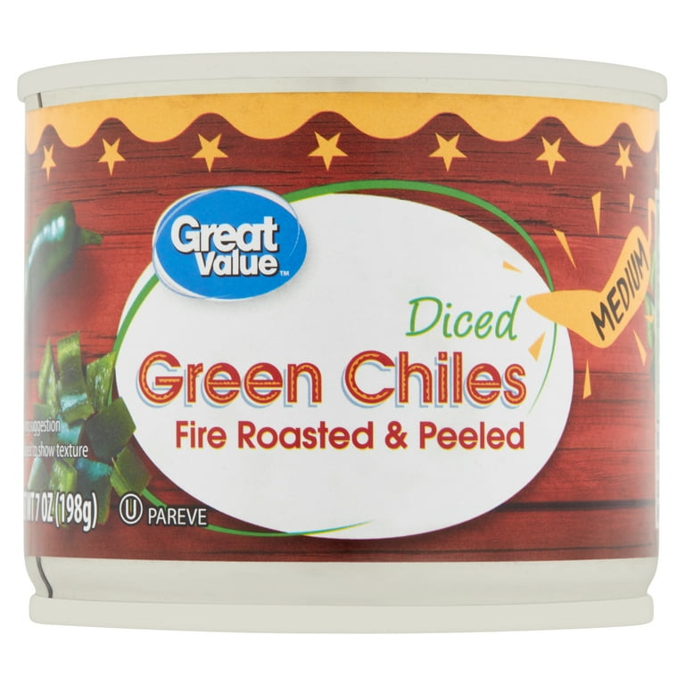 Great Value Canned Medium Diced Green Chiles, 7 oz, Fire Roasted