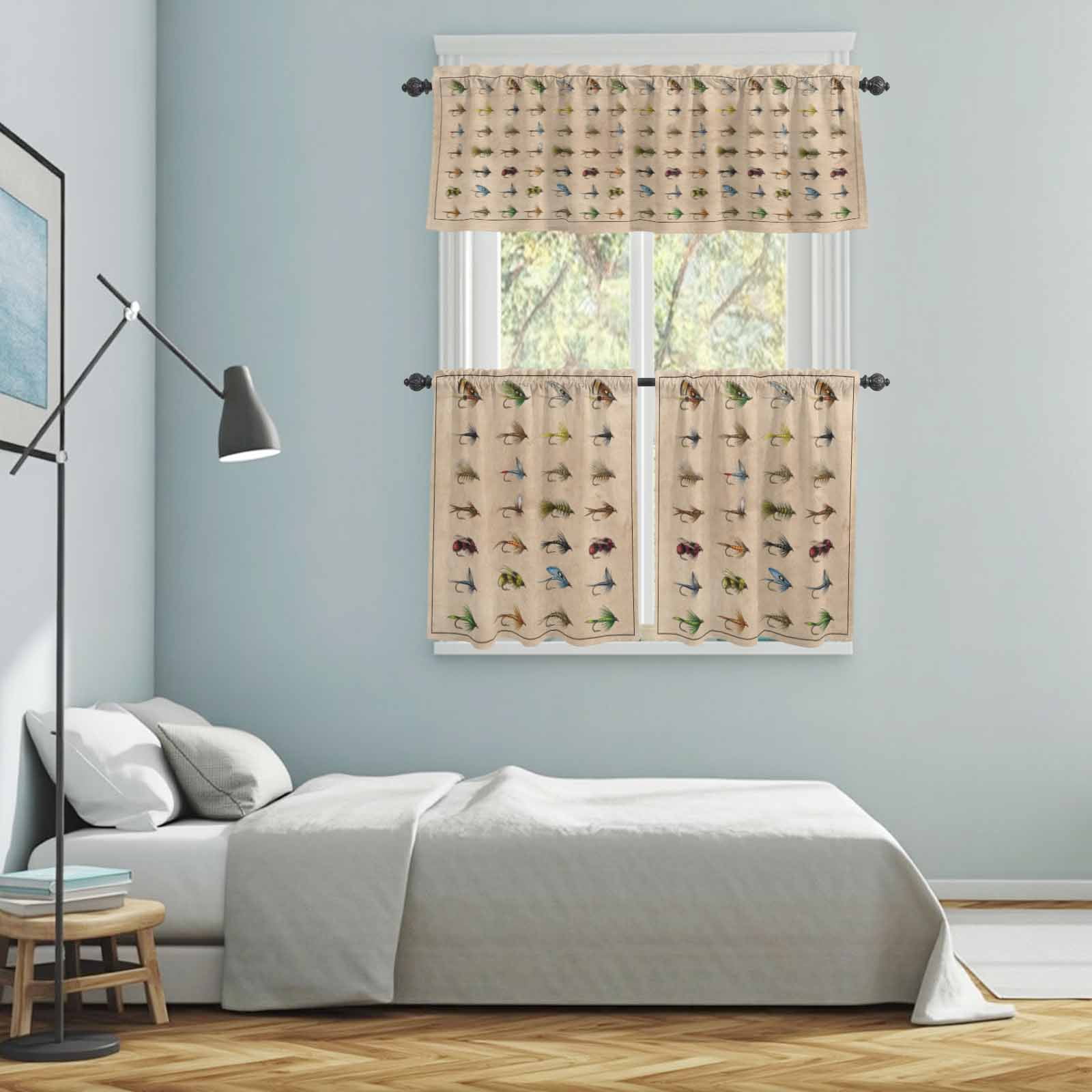 Fish Hook Curtain Valances Set Retro Colorful Fish Hook Biographies Linen Texture Kitchen Curtains 36&nbsp;inch Length Rod Pocket Valance and Tiers 3 Piece Set Small Bedroom Bathroom Laundry Decor