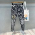 thumbnail image 2 of Pantalones vaqueros retro para hombre, ajustados, rasgados, de color azul claro, con estampado Kpop, con agujeros cónicos, para hombre, pantalones vaqueros rotos y rasgados, estéticos, tallas XS, 2 of 5