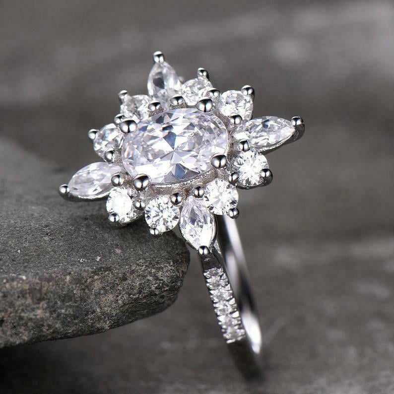 HeartsAndYou 2.4ct Engagement Ring for Women Oval Cut Moissanite Sunburst Ballerina 18k White Gold over Silver