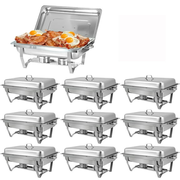 Jacgood Chafing Dish 10 Packs 8Qt, Foldable Rectangular Chafer Set, Stainless Steel Buffet Catering Silver Full Pan Warmer Set