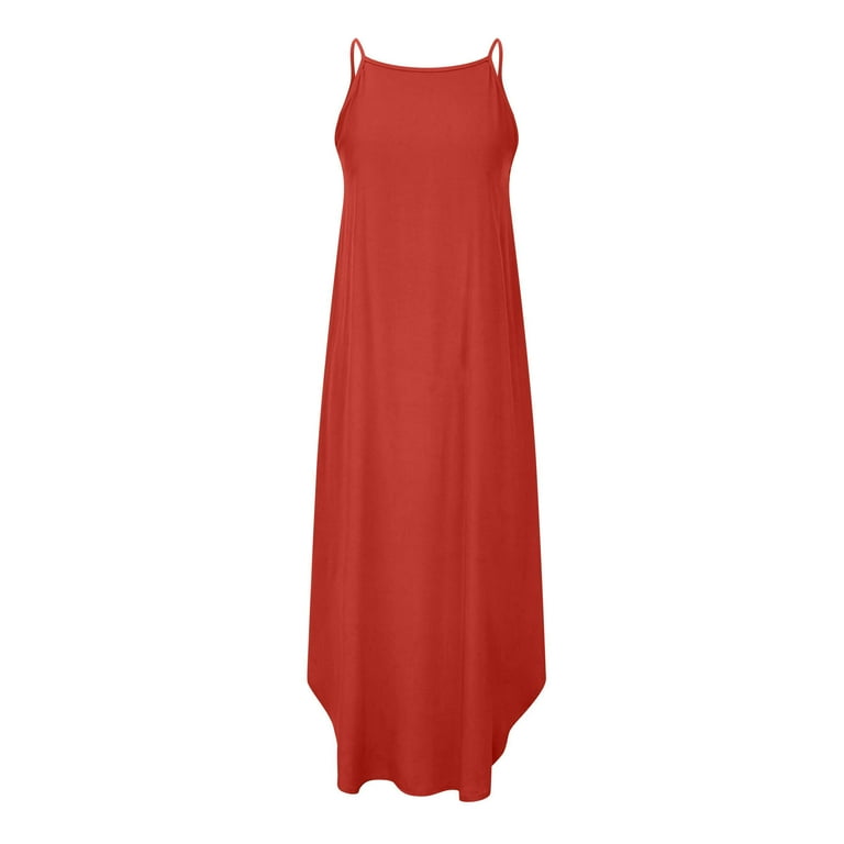 Zquuvou Women's Cotton Linen Halter Loose Dress Round Neck Solid Color Dress Red Zquuvou Women's Cotton Linen Halter Loose Dress Round Neck Solid Color Dress Red