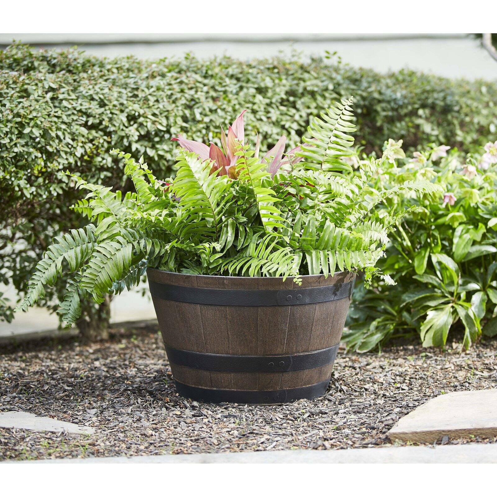 Ace Trading 19'' x 16'' x 9.21'' Round Birch Plastic and Resin Whiskey Barrel Planter